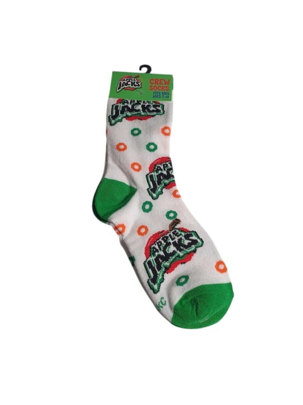 Apple Jacks Crew Socks Kids Ages 7 to 10 Novelty Cereal Design Green Orange Gift